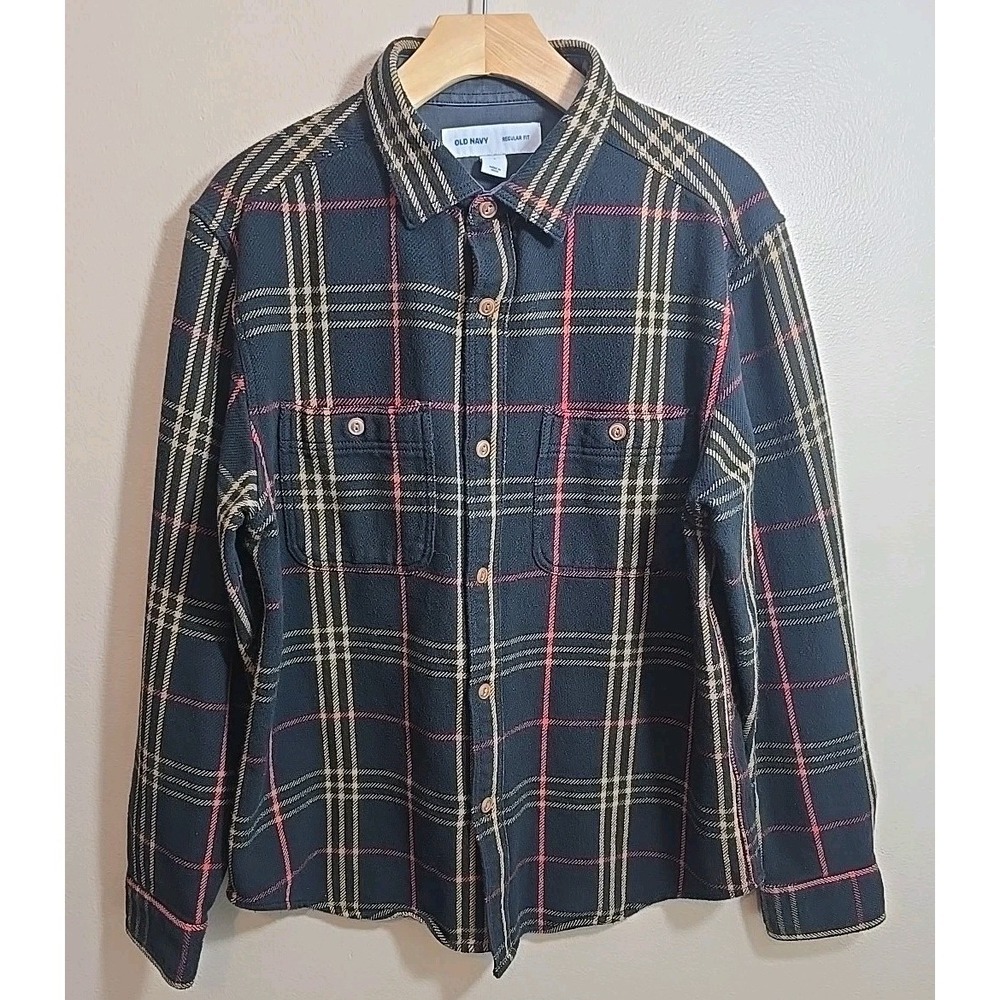 Old Navy Heavy Flannel Mens Shirt Large Black Plaid Cabincore